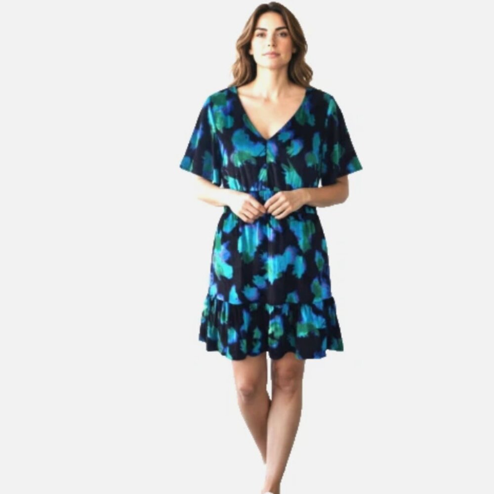 French Connection Blue Black Print Dress L XL XXL V Neck Pockets NWT